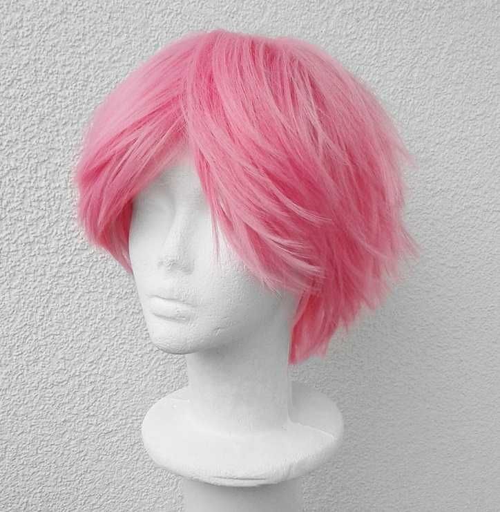 Krótka różowa peruka pastelowa z grzywką cosplay krótki różowy wig