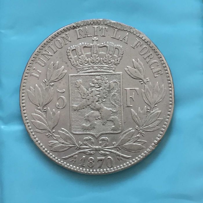 Bélgica 5 Francos 1870 LEOPOLD II ROI DES BELGES - prata
