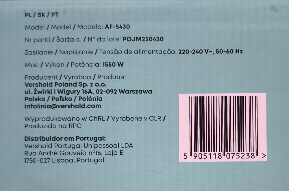 Frytkownica beztłuszczowa Hoffen 5 L, 1550 W, nowa.