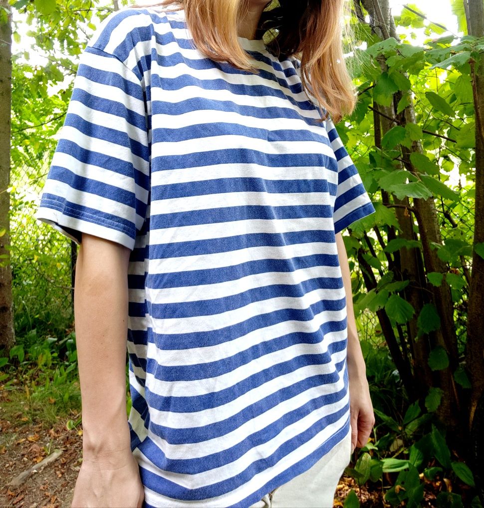 Koszulka T-shirt luźny marynarskie paski biało niebieska M L bawełnian