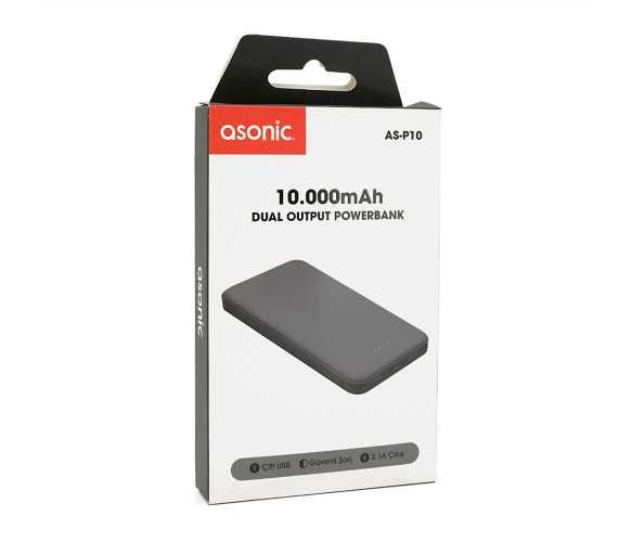 Powerbank ASONIC AS-P10 10000mAh, Output 2USB, White, (215g), Blister