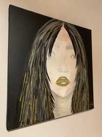 Obraz ręcznie malowany akryl na płótnie twarz złoto akryl 40 x 40 cm