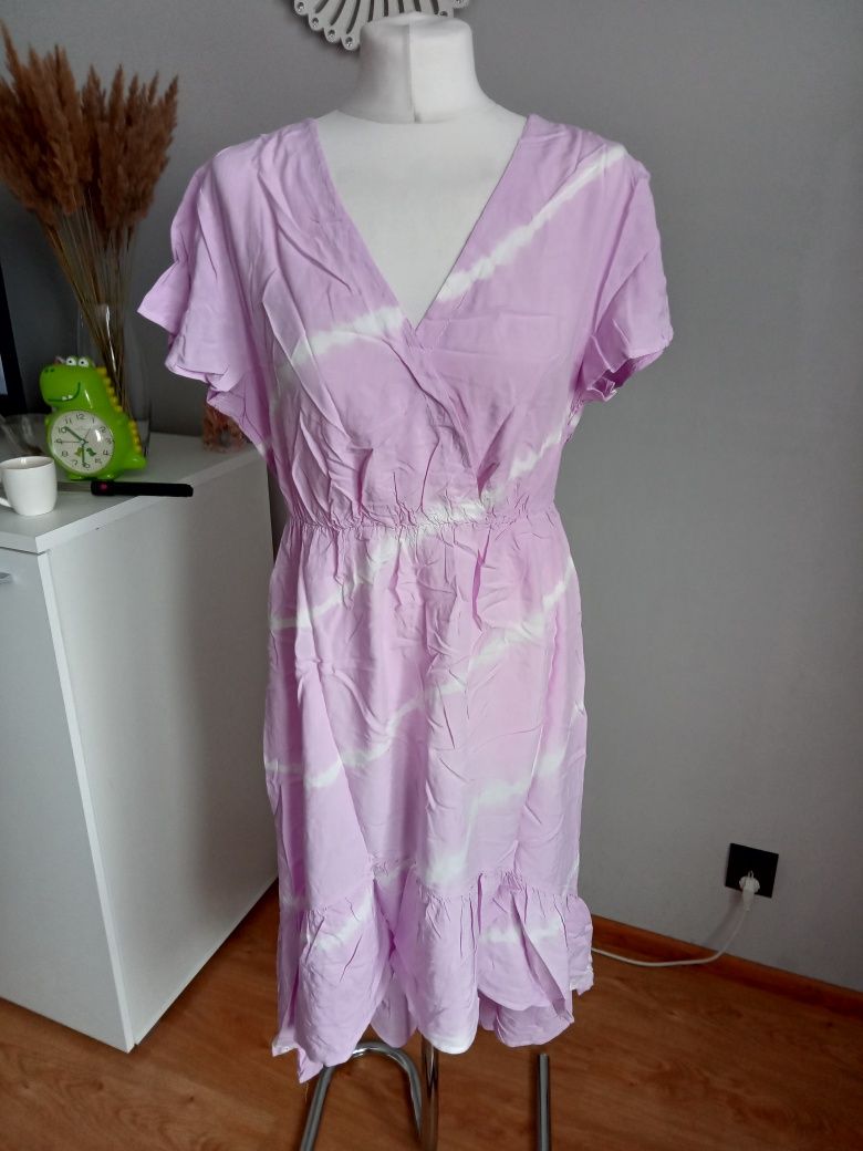 Sukienka NOWA z wiskozy midi maxi fioletowo biała