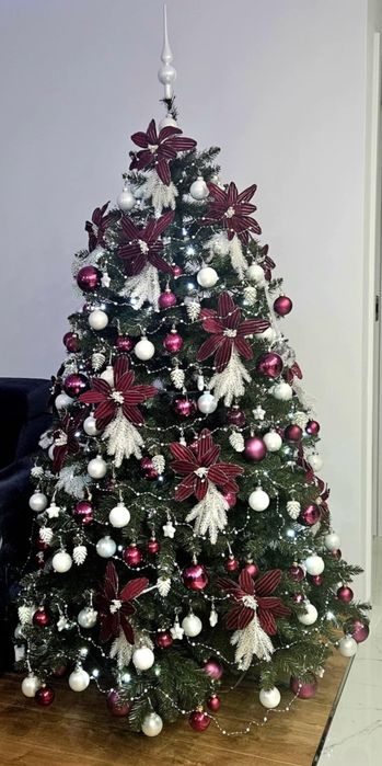 Zestaw ozdób choinkowych bordowe burgund Eurofirany kwiaty bombki