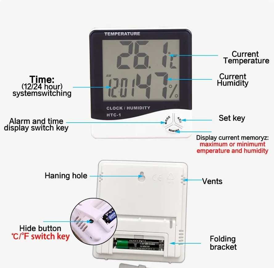 Часы будильник термометр гигрометр электронный
