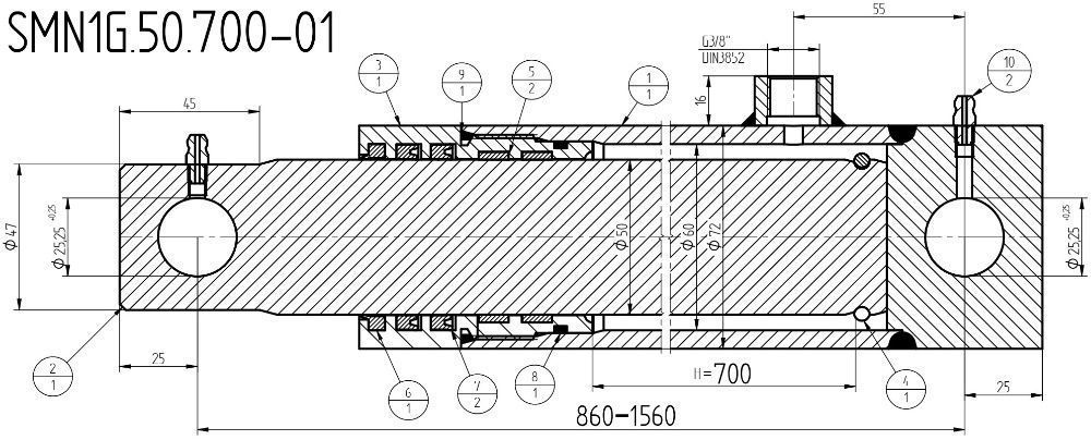 SIŁOWNIK Hydrauliczny NURNIK SKOK 700 1-STRONNY SMN1G 50x700 [2326]