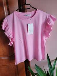 Zara różowa bawełniana koszulka Tshirt falbanki S