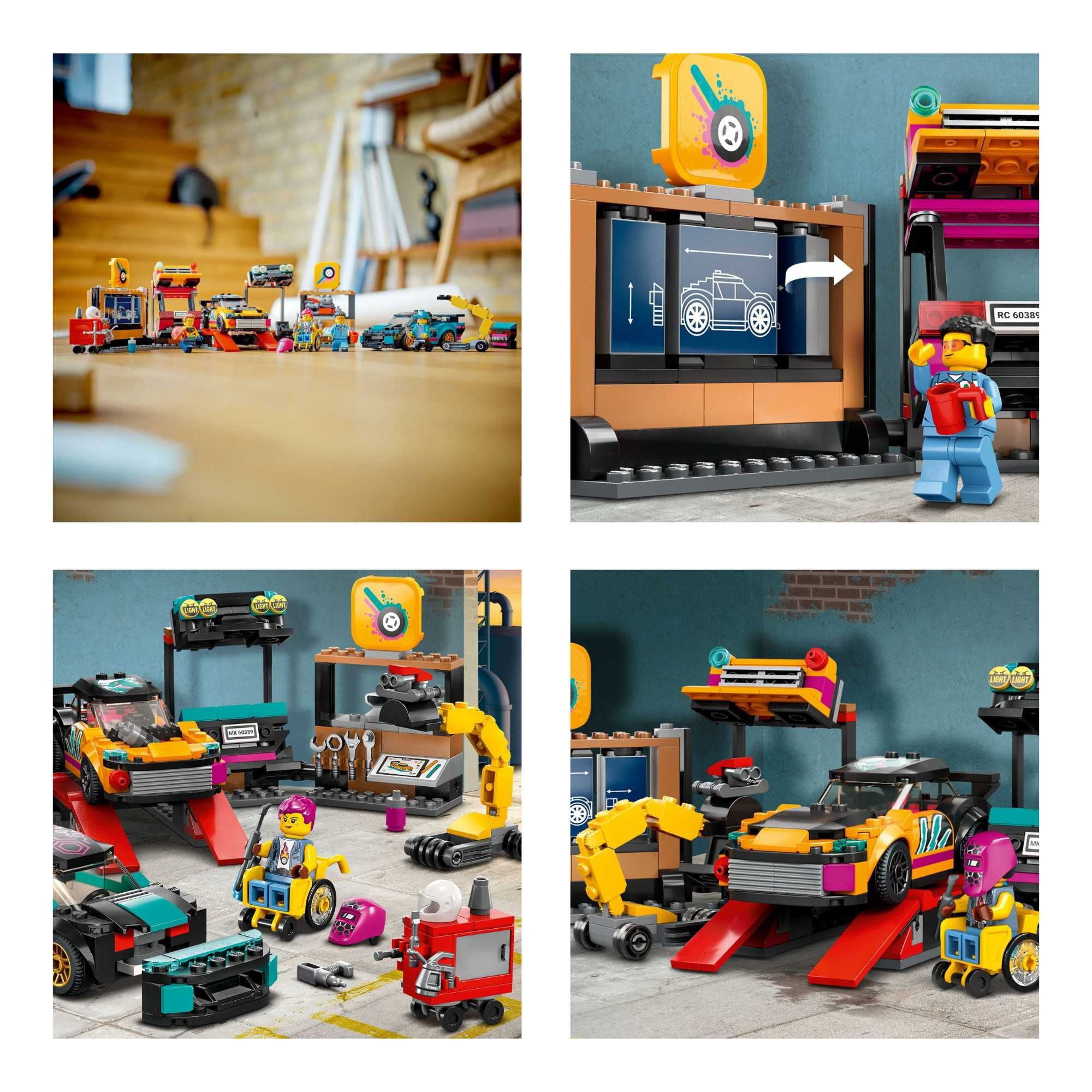 LEGO City 60389 - warsztat samochodowy do tuningu, wyścigi, 4 figurki