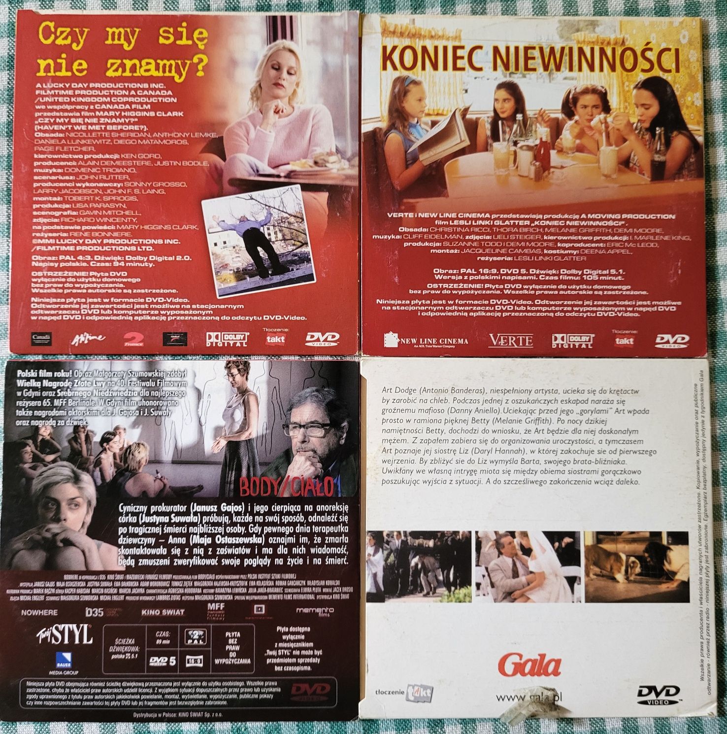 4 filmy DVD Body, Zbyt wiele, Koniec niewinności, Czy my się nie znamy