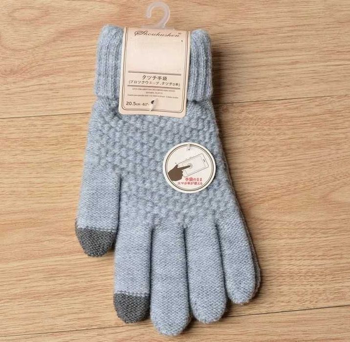 Zimowe dzianinowe rękawiczki imitacja kaszmiru, dotyk ekranu szare.