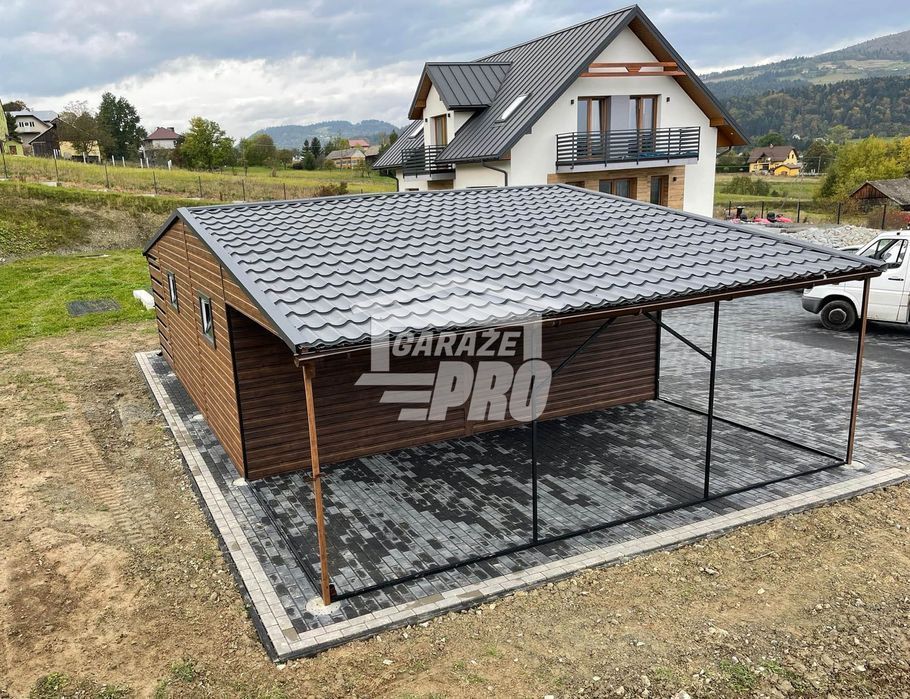 Garaż blaszany 6x6 wiata drzwi 4x okno rynny Blachodachówka GP231