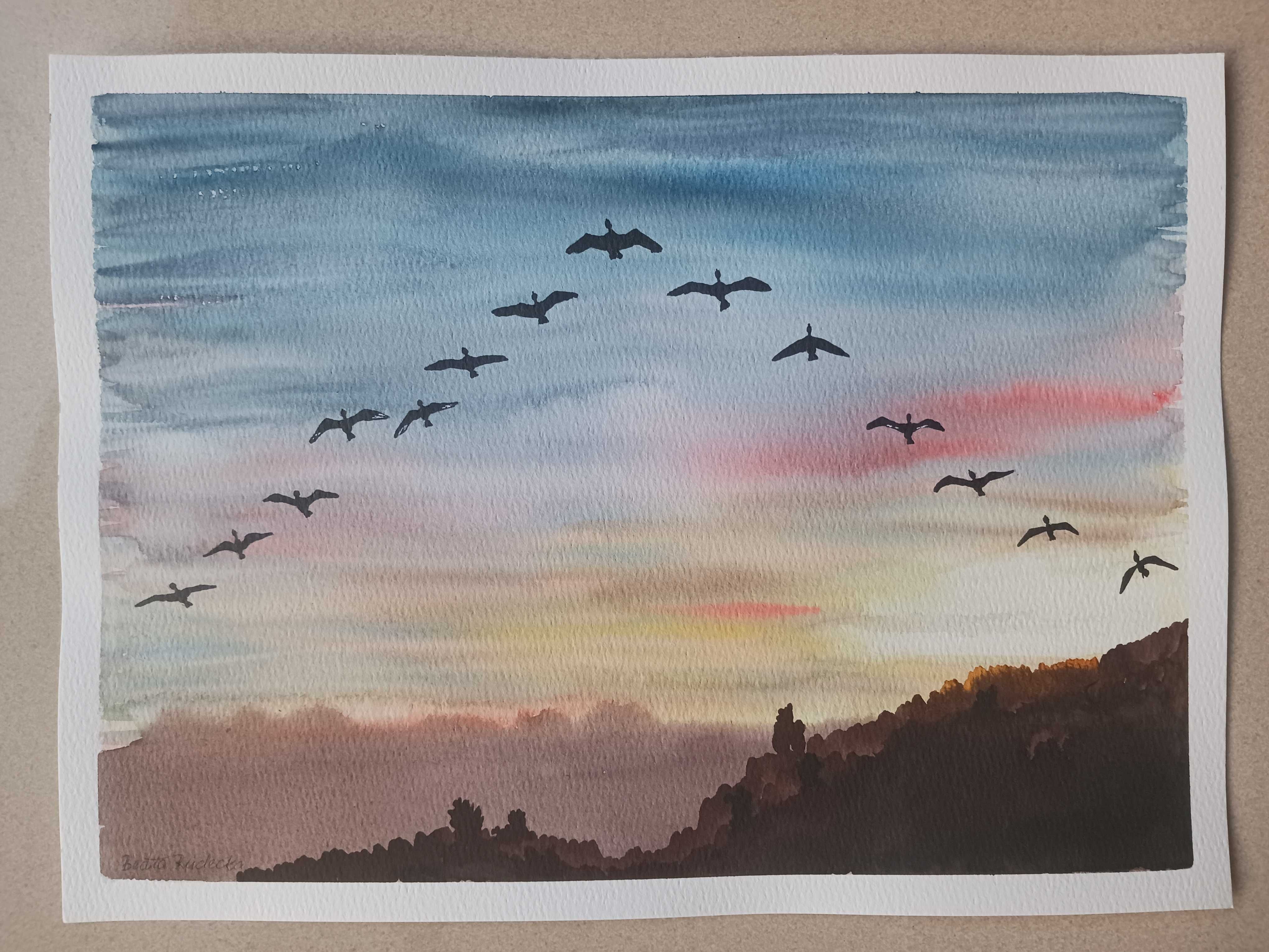 Akwarela Akwarelka Obraz pt. Klucz Gęsi 31 x 23 cm