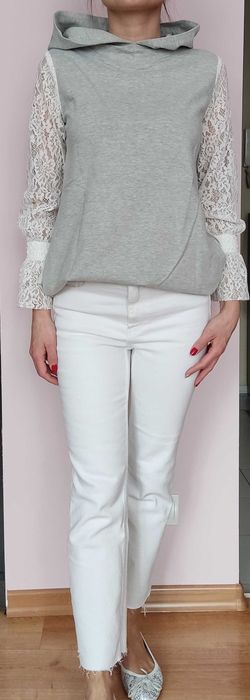 Nowa szara bluza z kapturem z koronkowymi rękawami, Cocomore rozmiar S