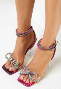Sandały kolorowe z kokardkami zdobione diamencikami rozmiar 38