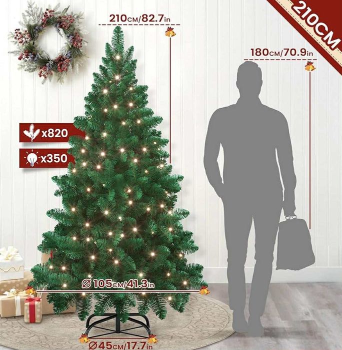 CHOINKA BOŻONARODZENIOWA Sztuczna 210 cm Premium - 350 Diod LED, Gęsta
