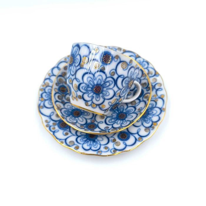 Łomonosow Trio Filiżanka Podstawek Spodek Talerzyk Porcelana Kobalt