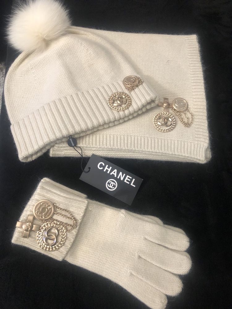 Chanel komplet czapka+szal+rękawice