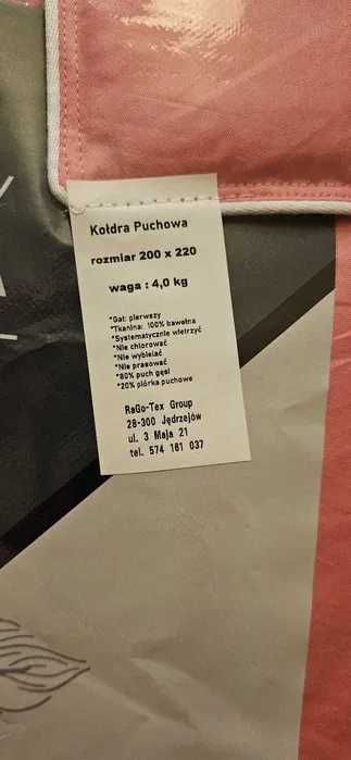 Kołdra puchowa 200x220 cm – naturalne wypełnienie 4kg kolor różowy