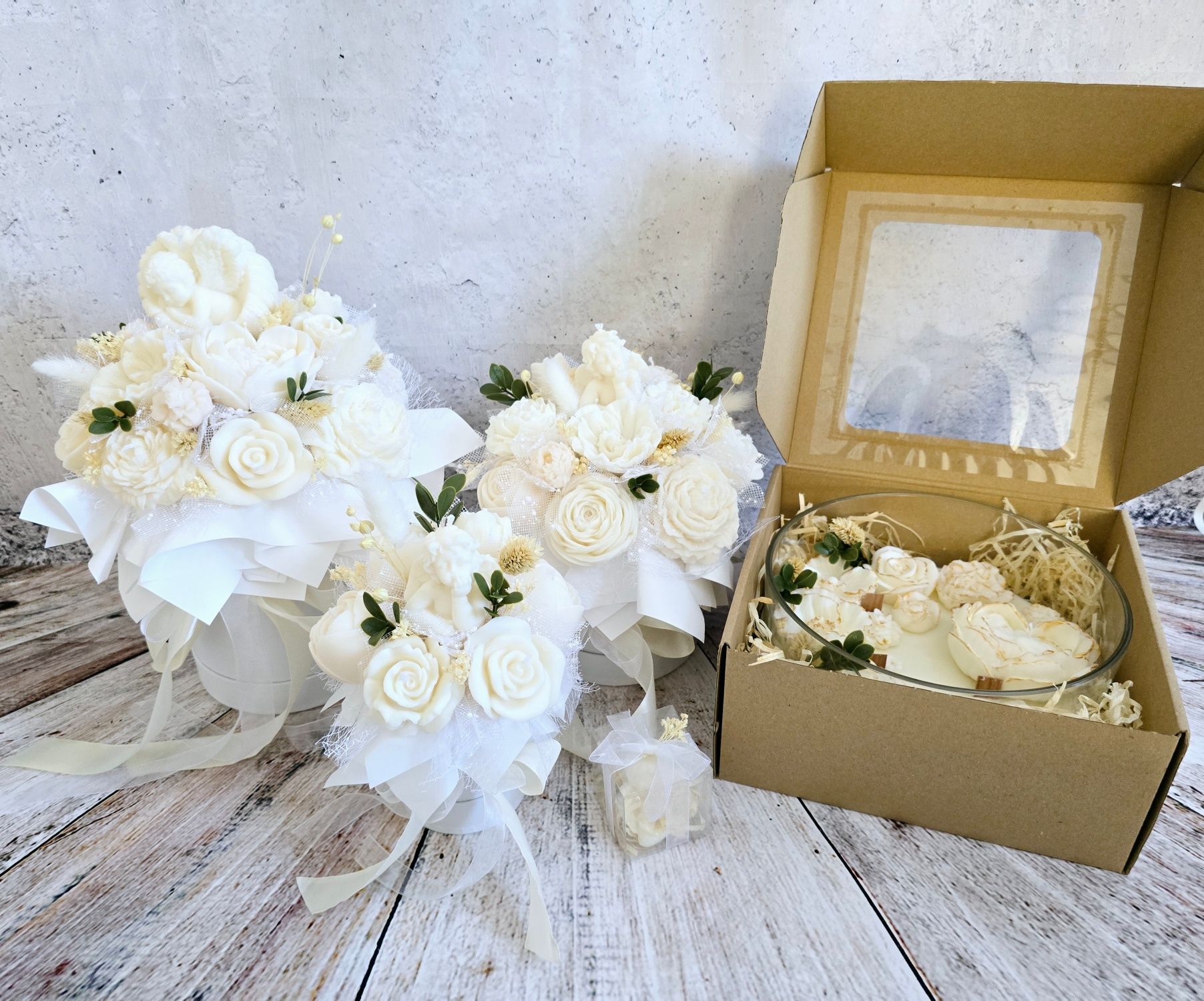 Flowerbox-candlebox bukiet ze świec sojowych komunia-chrzciny-ślub