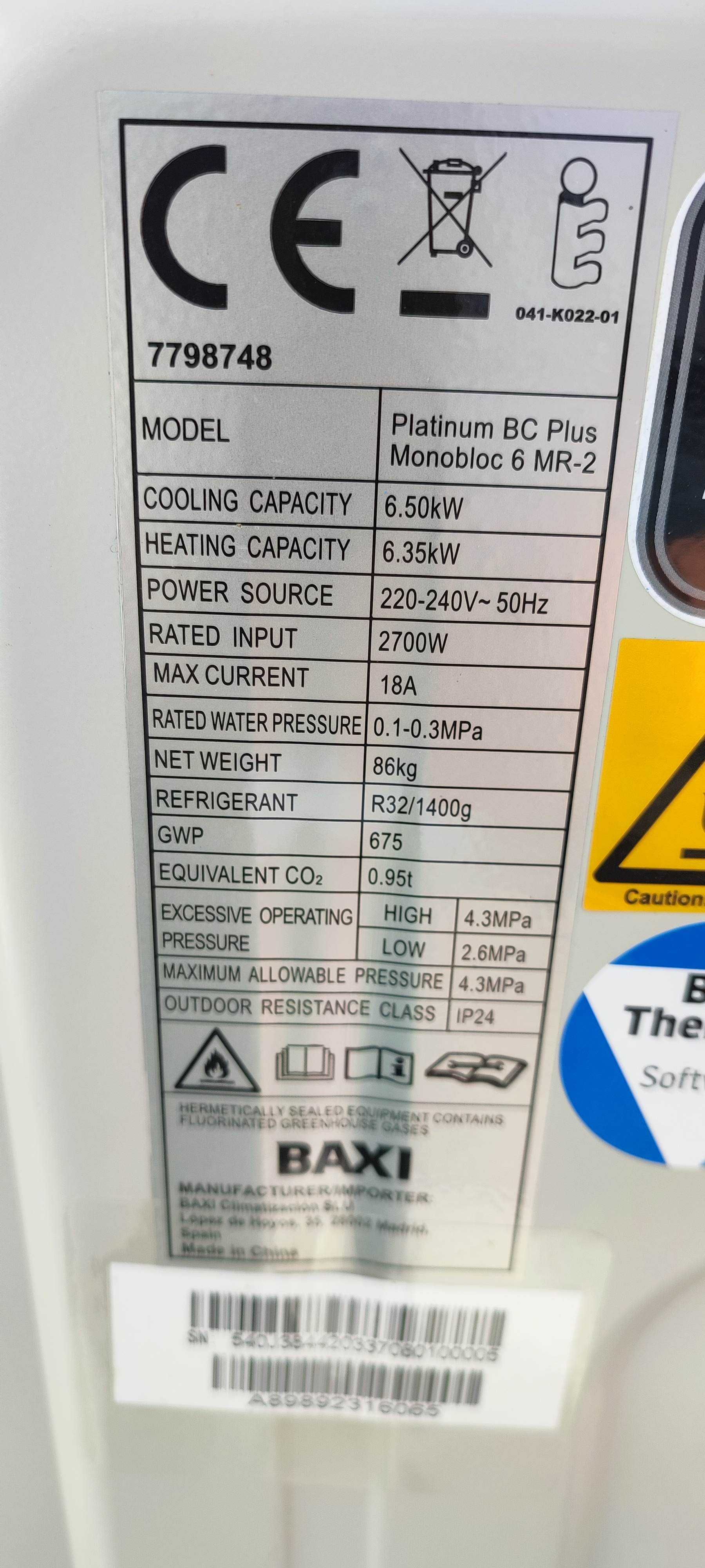BOMBA CALOR BAXI Monobloco Platinium BC Plus 2 - 6 kw NOVA
