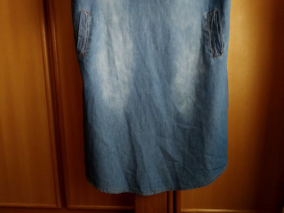 (PORTES GRÁTIS) Vestido de Ganga com Bolsos e Manga com Presilha