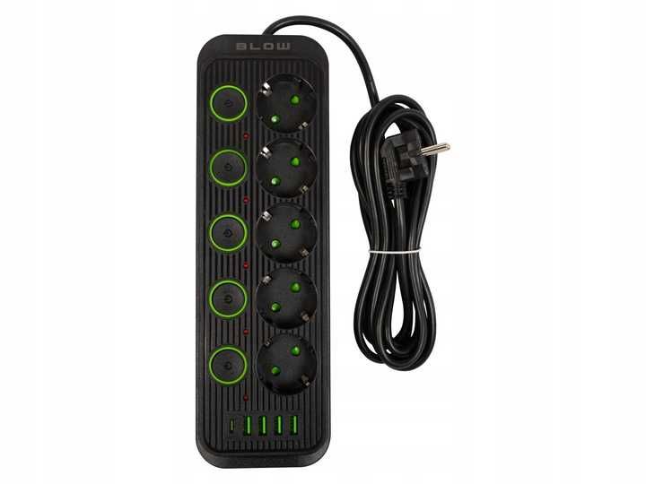 Listwa zasilająca 5 gniazd + 4x USB + USB-C, 3m – czarna