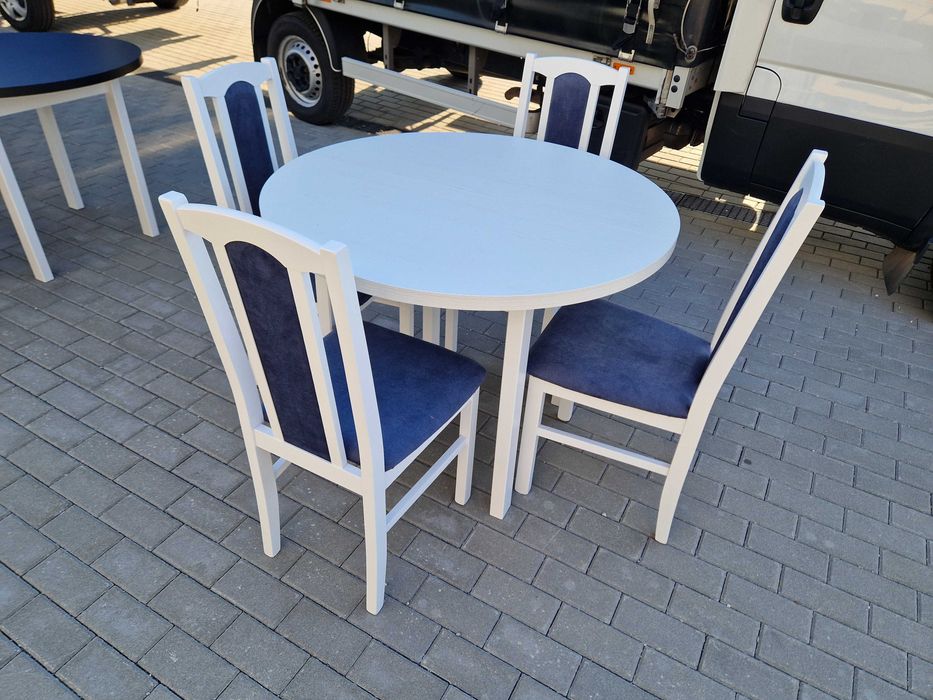 Stół okrągły rozkładany i 4 krzesła , NOWE, biały + metaliczny granat