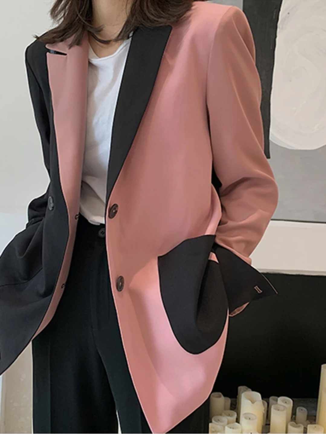 Dwukolorowy żakiet damski czarno-różowy EU 38 / S elegancja z