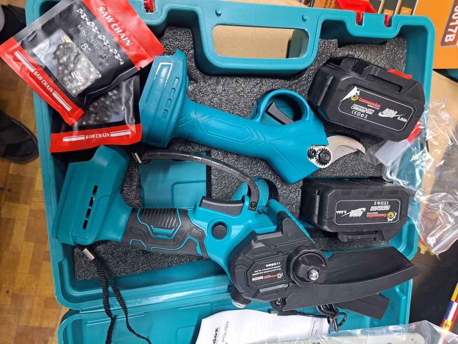Zestaw piła łańcuchowa plus sekator 2x aku  48v 2x łańcuch walizka 8 c