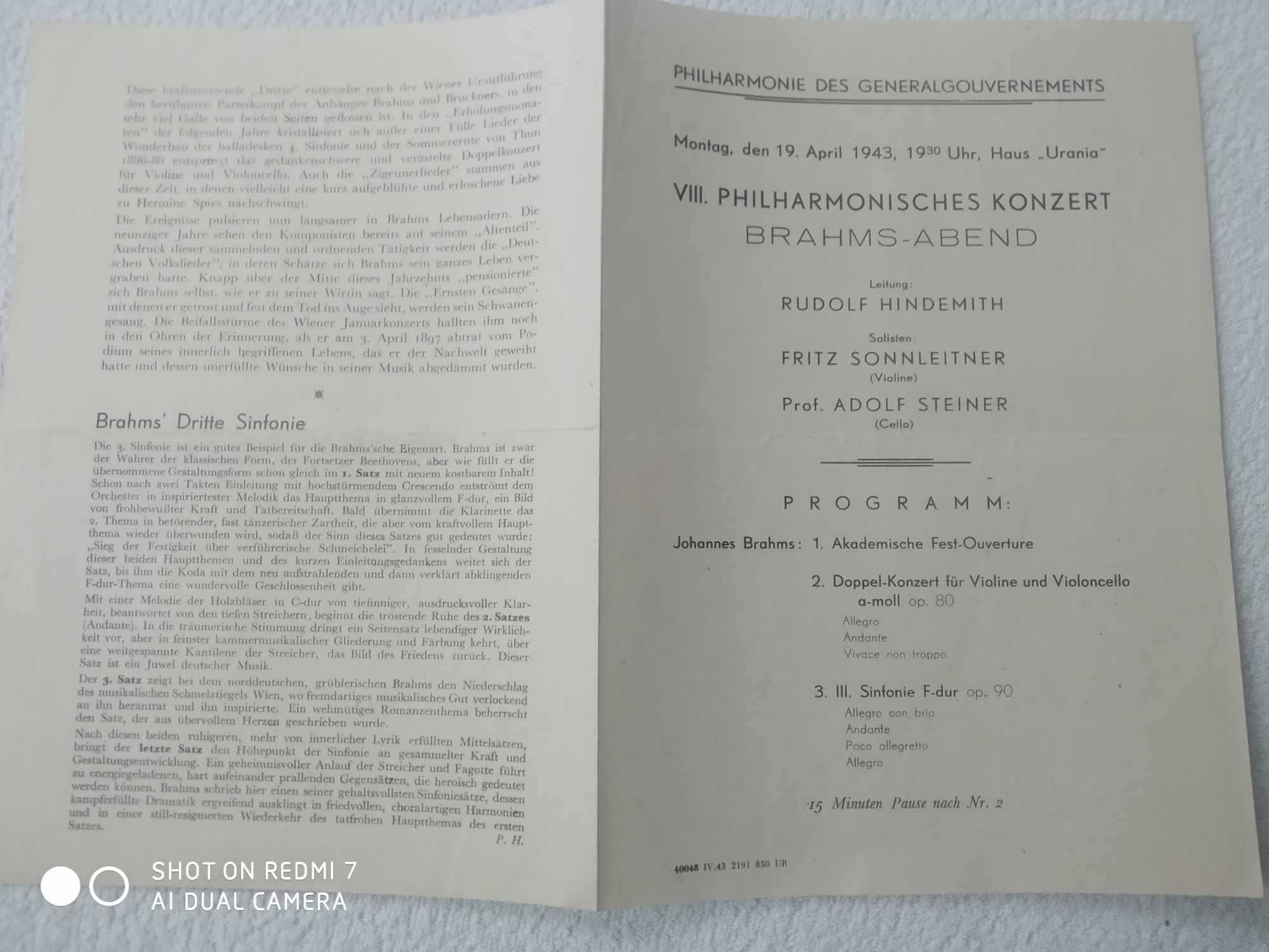 bilet i program koncertu 19 kwietnia 1944. Filharmonia Gen. Gub.