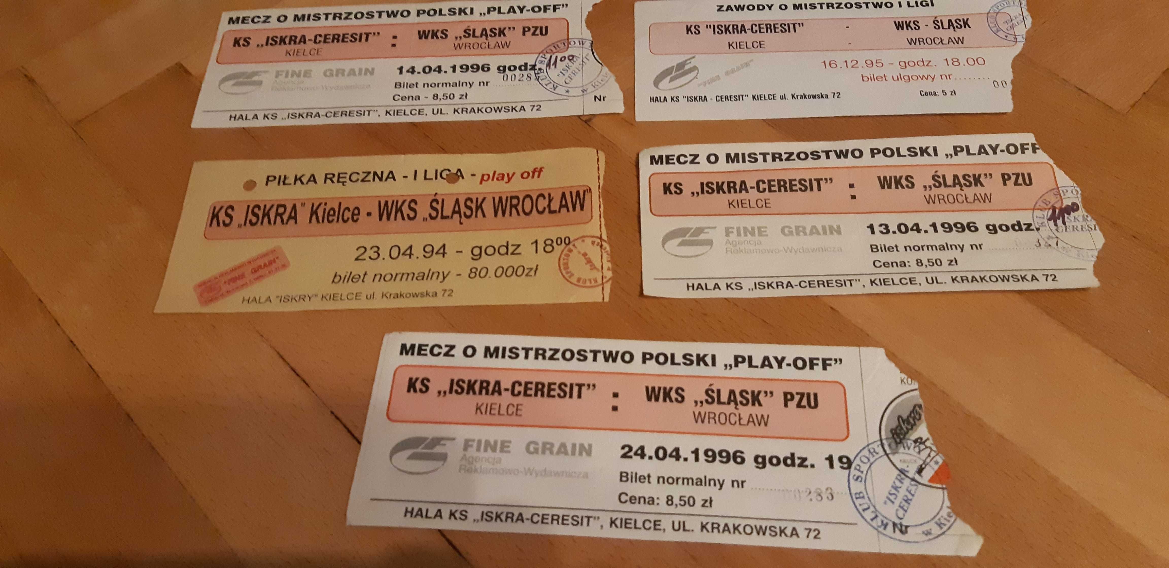 zestaw 5 biletów Iskra Kielce -Śląsk Wrocław 1994 do 1996 piłka ręczna