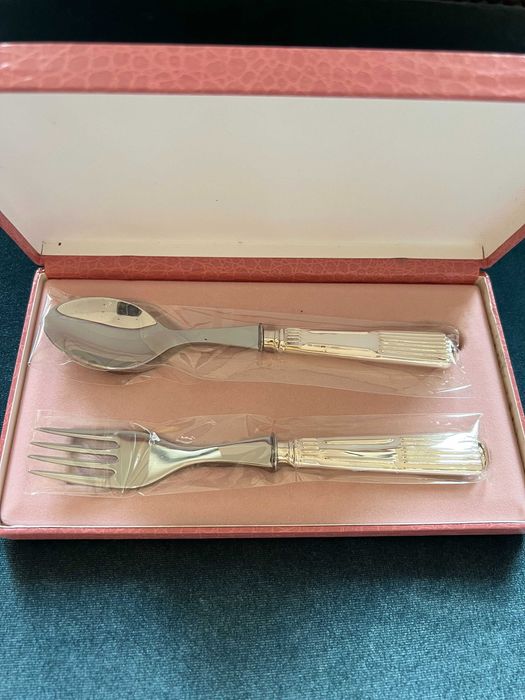 Conjunto de Talheres Colher e Garfo Infantis Cabo em PRATA em Estojo