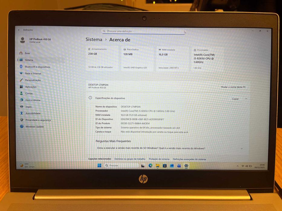 Portátil HP ProBook 450 G6, I5 3.9GHz, 16GB DDR4, 250GB Sata