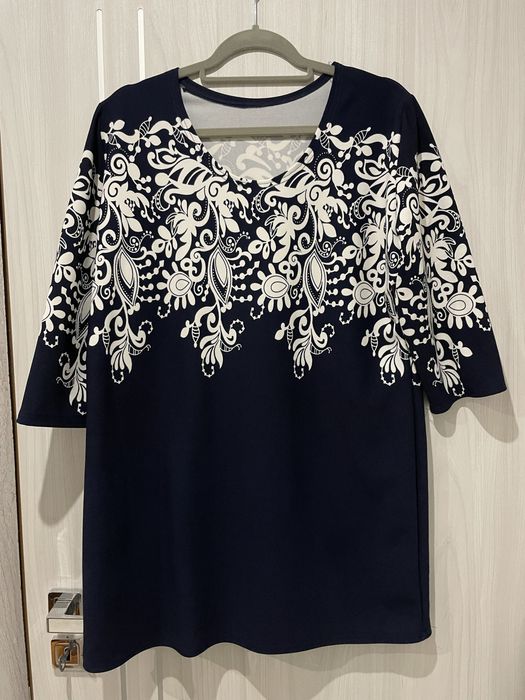 Tunika bluzka długa ala sukienka elegancka granatowa ażurowa 46/48