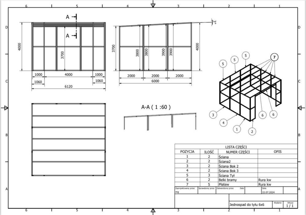 Garaż. Stelaż stalowy 6x6m wraz z płytą warstwową na ściany i dach.