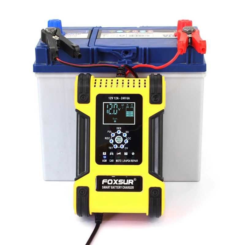 Foxsur Зарядное устройство 12A 12-24V авто мото аккумулятор автоматиче