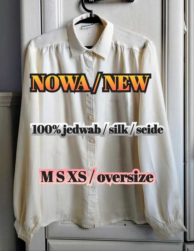 L M S XS oversize petite kremowa jedwabna koszula classy old money