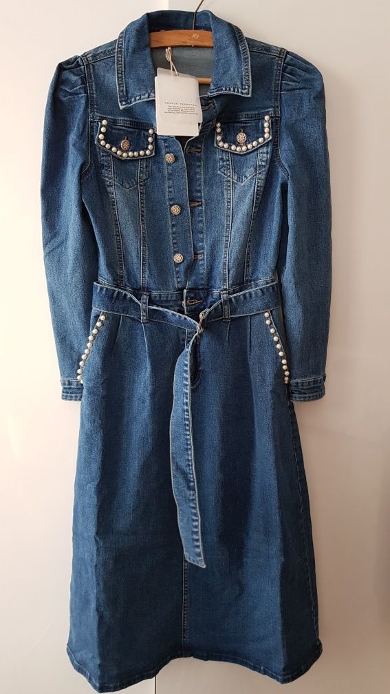 Re-dress sukienka jeansowa bufki perełki uciągliwy materiał r.xs