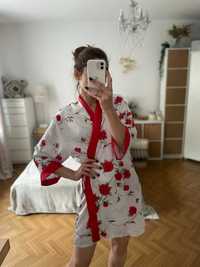 Szlafrok bieliźniany biały czerwony kwiaty satyna kimono oversize L 40