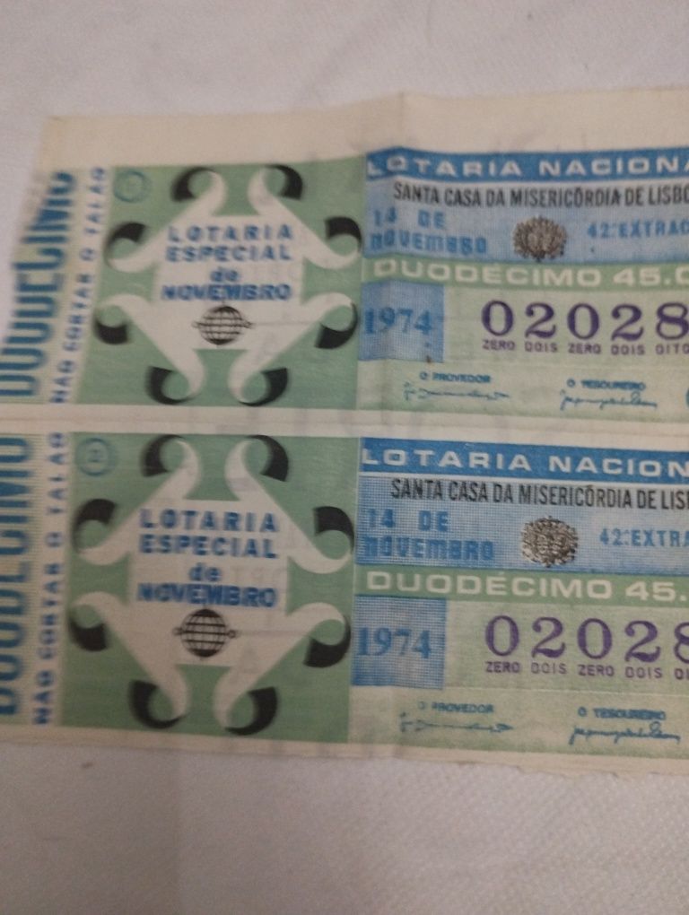 2 bilhetes lotaria nacional 1974