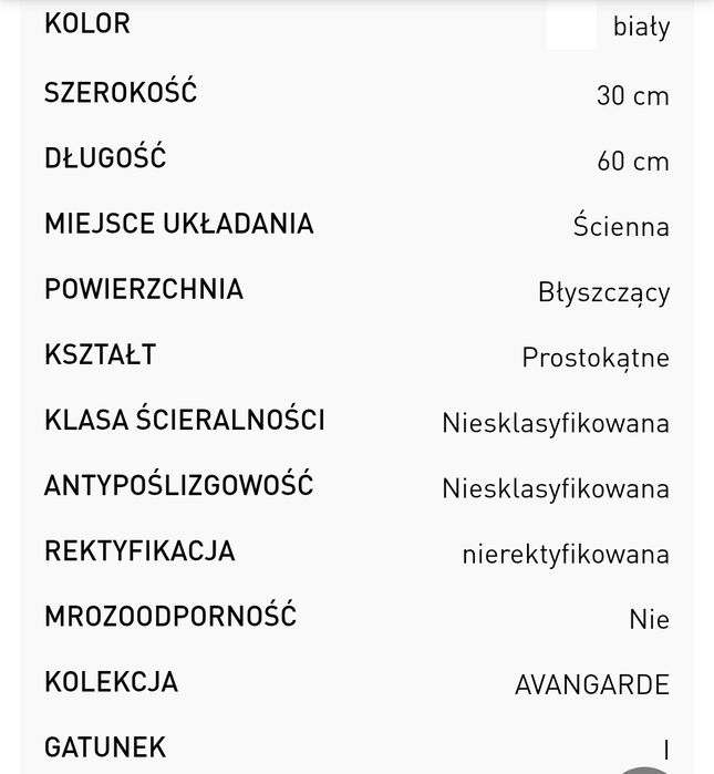 Opoczno Płytki ścienne AVANGARDE white glossy 29,7x60 gat. I