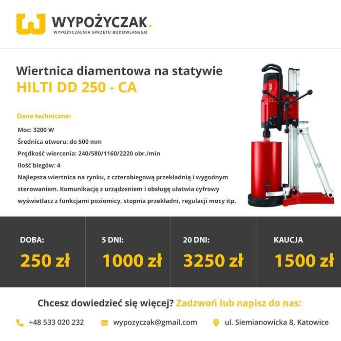 Wiertnica /otwornica diamentowa do betonu, na statywie, ręczna WYNAJEM