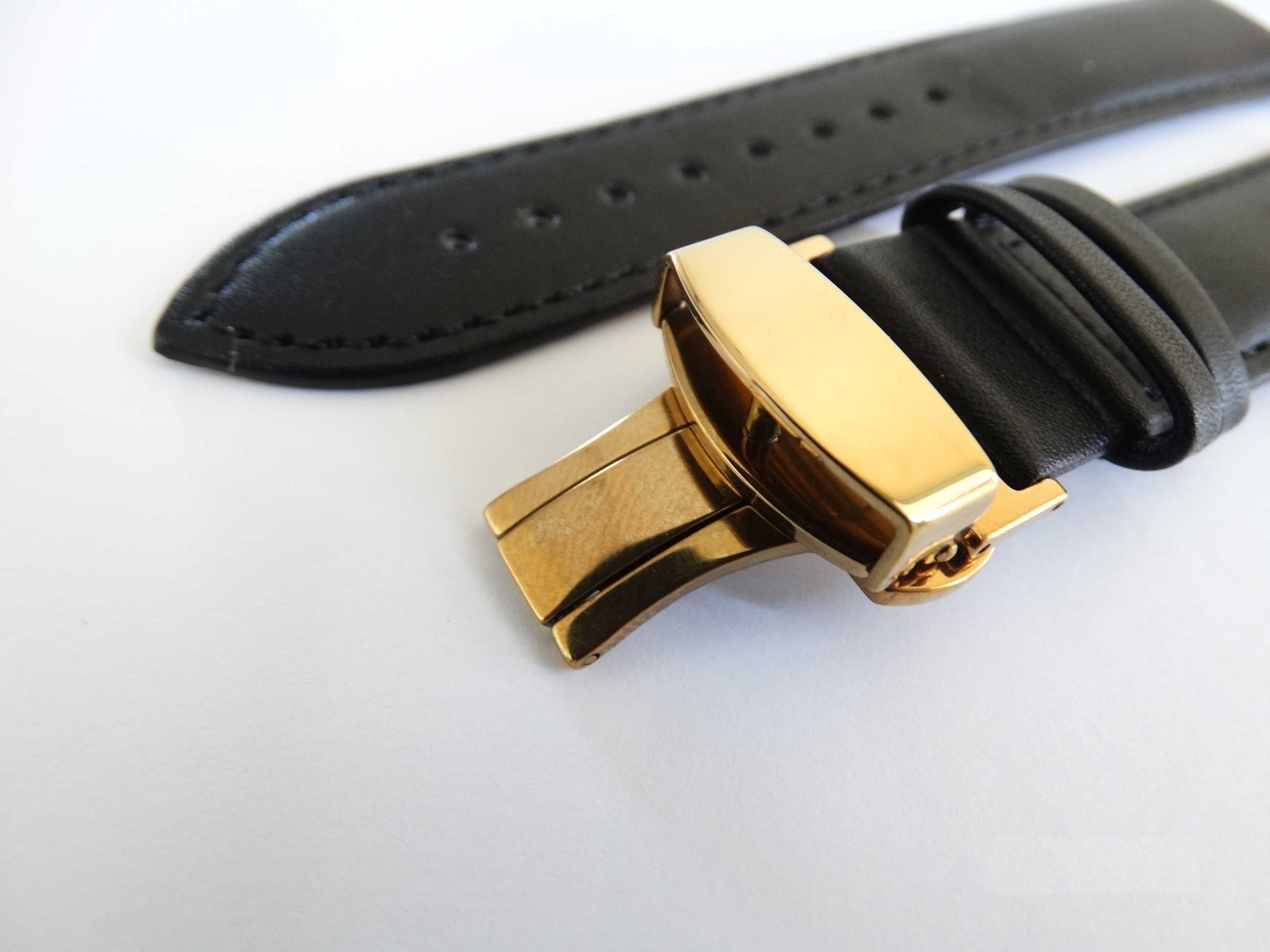 Czarny skórzany pasek do zegarka 20mm 22mm złote zapięcie motylkowe