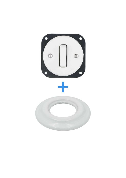 KOMPLET Włącznik pojedynczy ścienny+Ramka okrągła BIAŁE RETRO CERAMIC