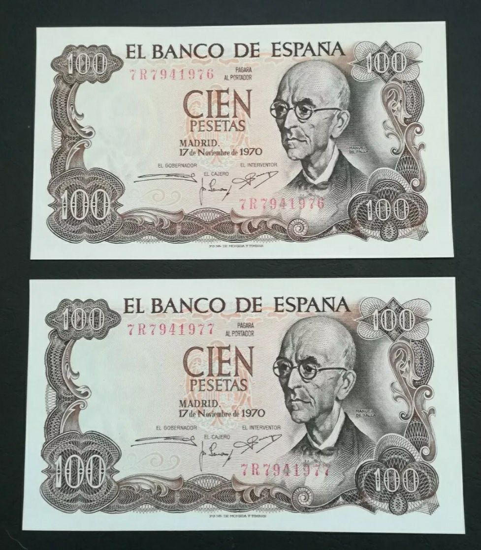 NUMERAÇÃO SEGUIDAS, 100 pesetas de 1970 UNC.