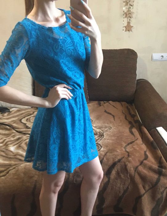 Платье женское, летнее, праздничное, голубое-кружево 42-44р.