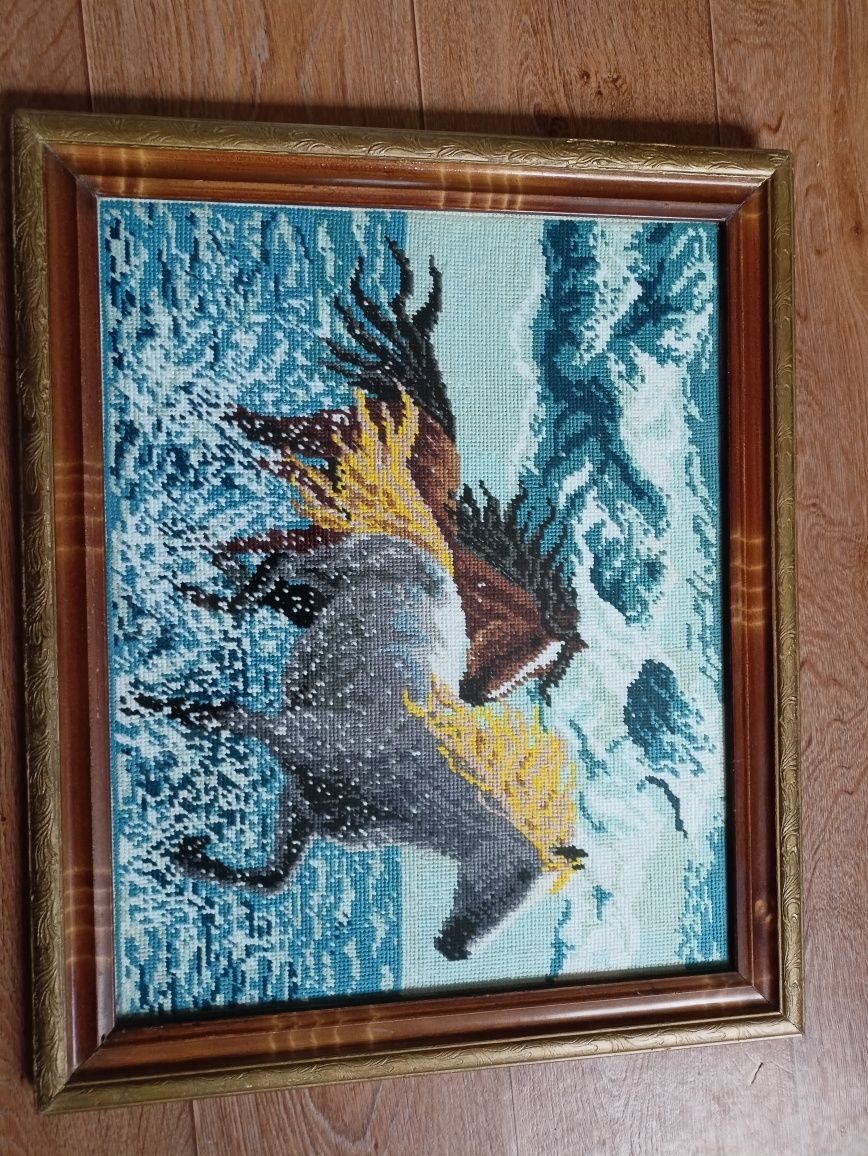 Piękny obraz konie w galopie przez wode handmade 58x48cm