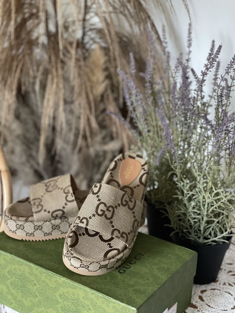 Klapki Gucci canvas maxi platformy 36 buty damskie na lato nowe