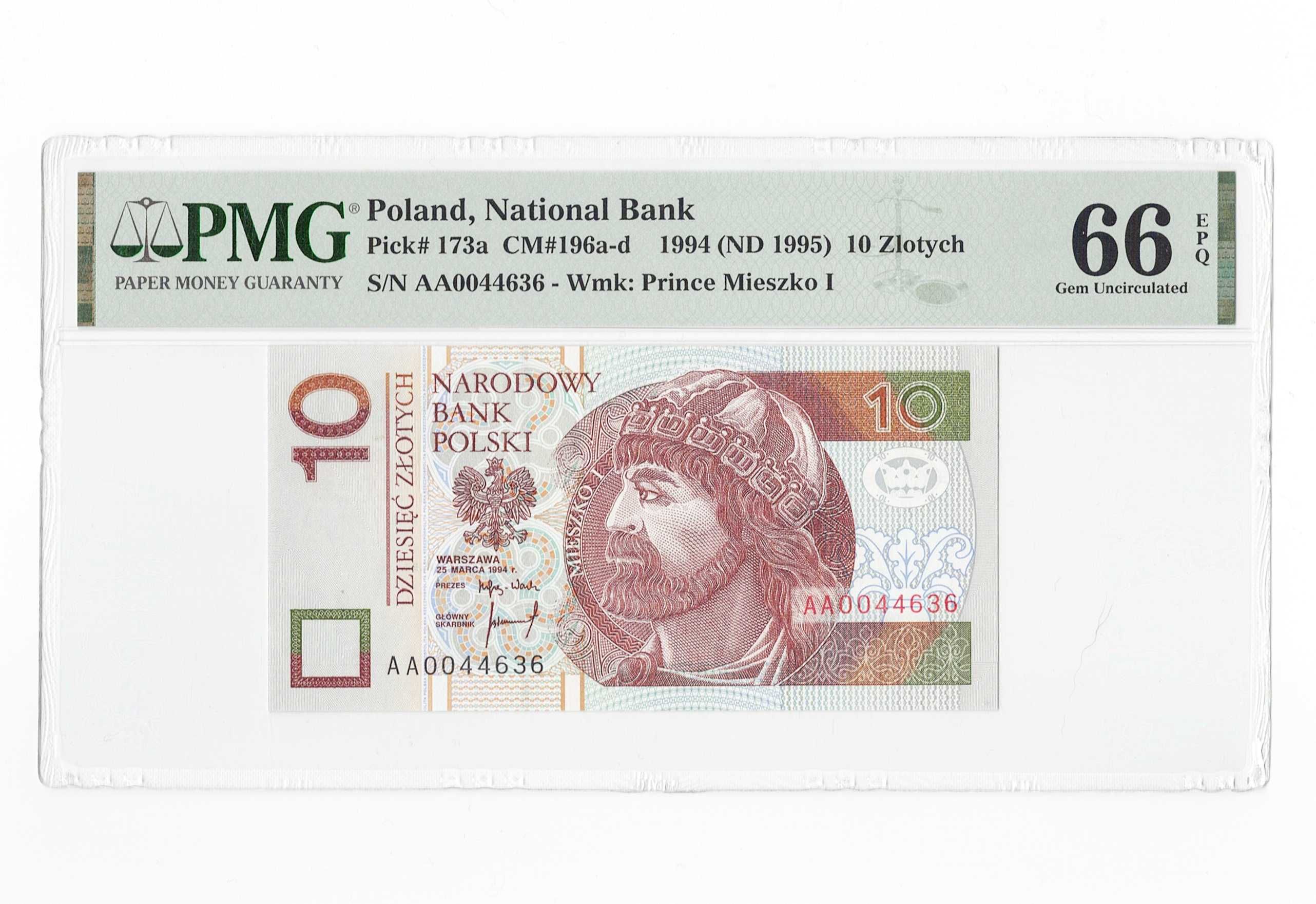 10 zł 1994 AA PMG 66 UNC 10 złotych 1994 AA pierwsza seria