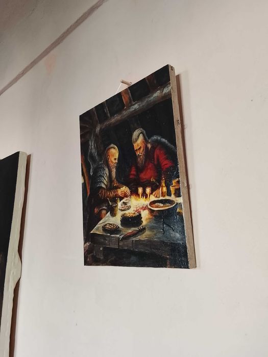 Авторская картина "Викинги у огня". Доска 30х38,5. Акрил.